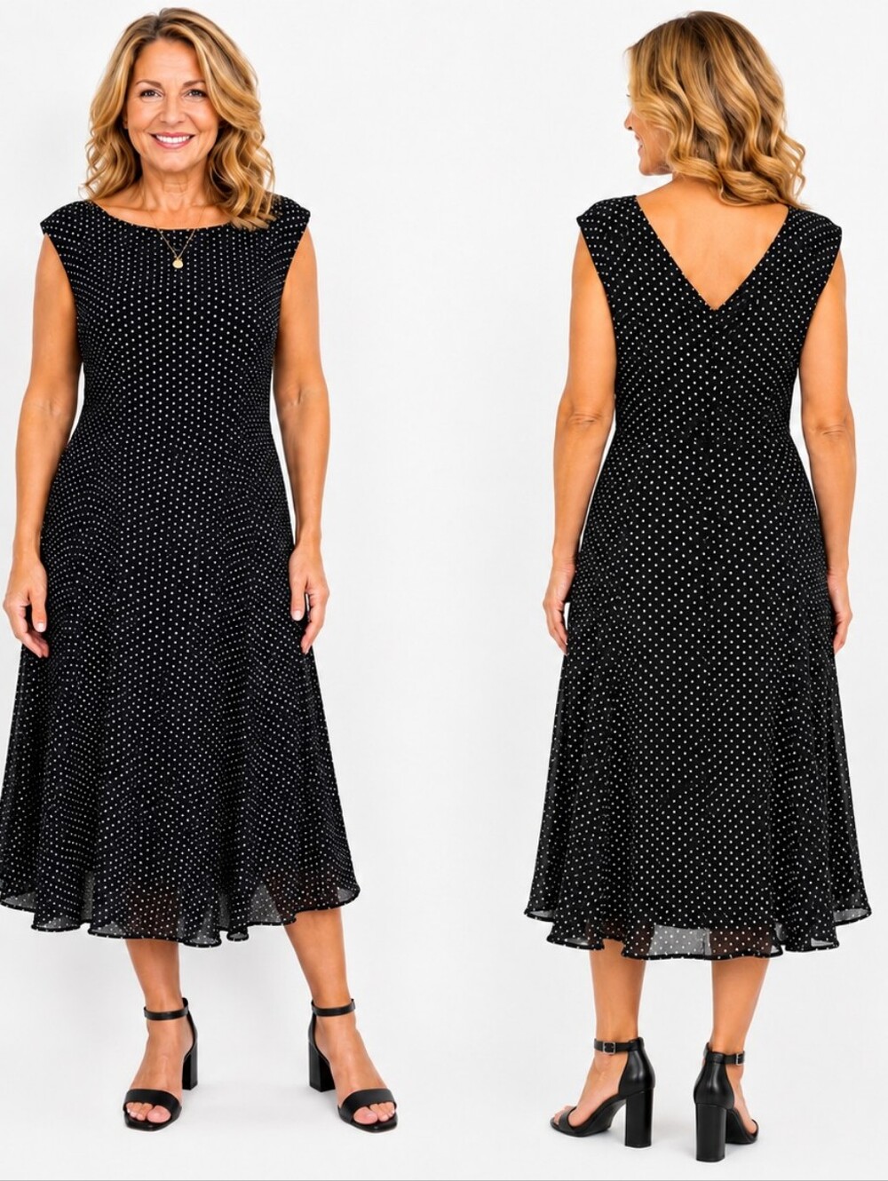 Betsey Johnson Black & White Polka Dot Midi Dress - V-Back, Size 14